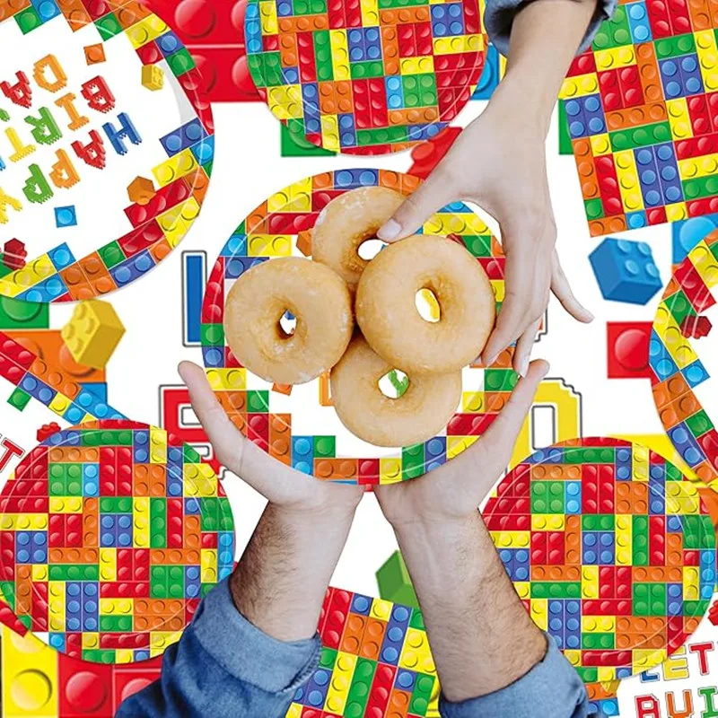 Bloques de construcción, decoración de cumpleaños, vajilla, taza, plato, telón de fondo, Kit de pancarta, bloques de construcción, tema, decoración de fiesta feliz, suministros para niños - imagen 5