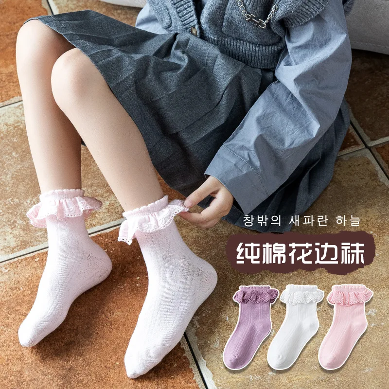 3 par/set niños niñas tobillo calcetín princesa volante encaje blanco pantorrilla calcetín para bebé primavera otoño algodón suave con volantes niños calcetines - imagen 2