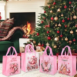 4 Uds., bolsos de regalo de Navidad, muñeco de nieve de Santa Claus, bolso de mano no tejido de Navidad con asas, decoración navideña para regalos de 2025 para el hogar