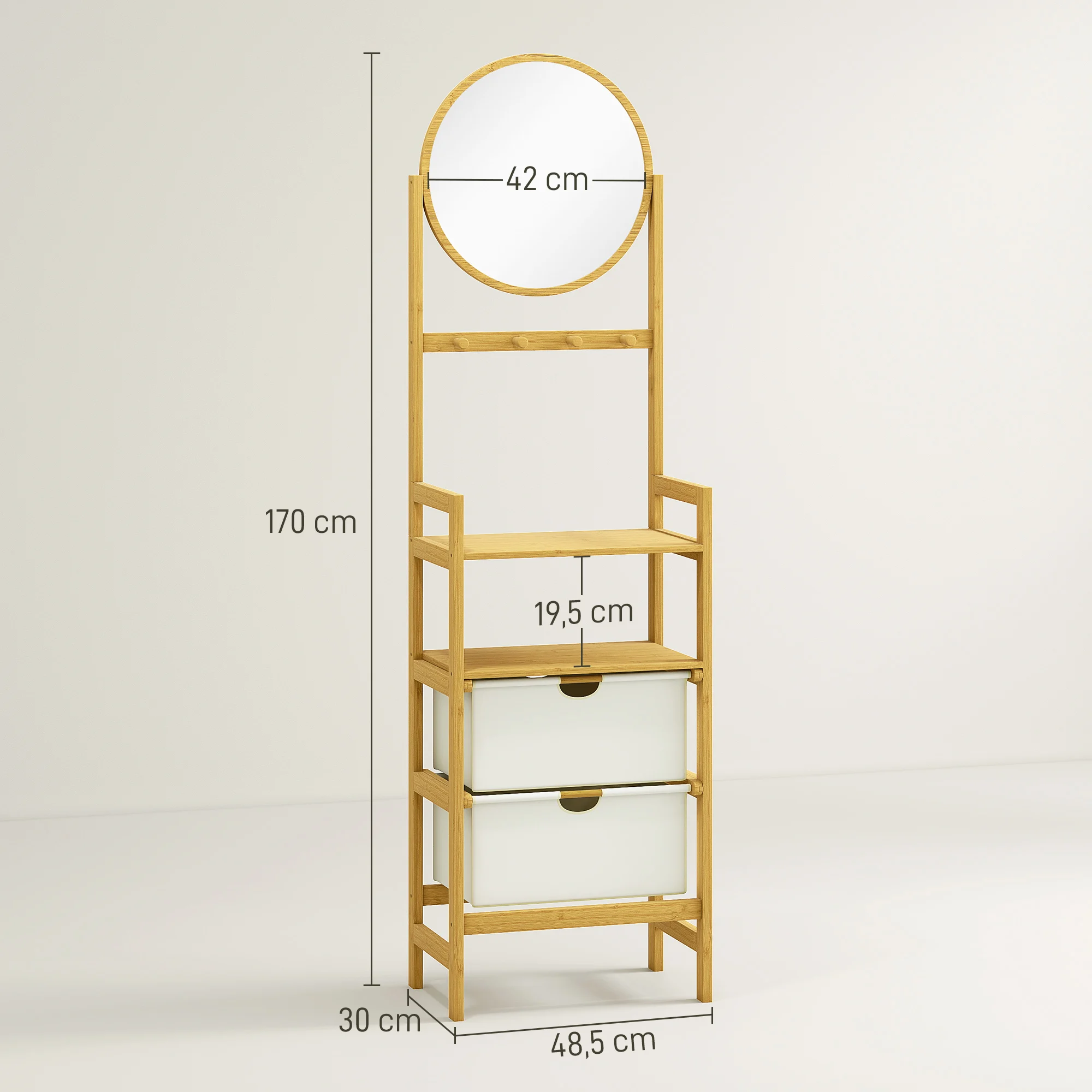HOMCOM Estantería de Baño de Bambú con Espejo Estantería de Almacenaje con 4 Ganchos 2 Estantes Abiertos y 2 Cajones de Tela para Cocina Baño Salón 48,5x30x170 cm Natural - imagen 3