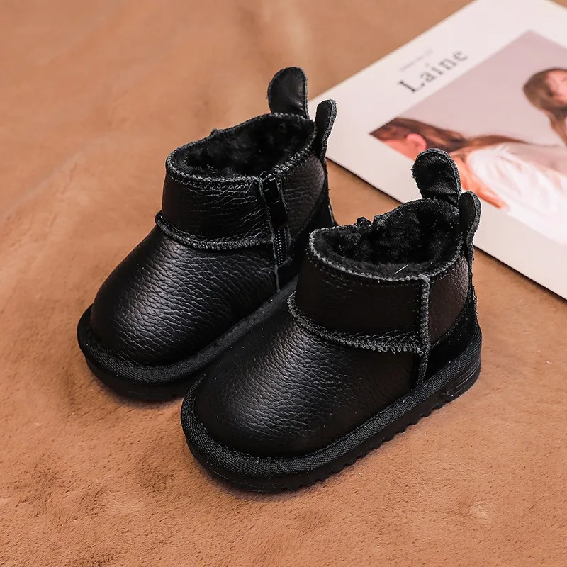 Botas de invierno de cuero genuino para niños, zapatos para bebés y niños, botas de nieve infantiles de felpa, zapatos antideslizantes de suela blanda para niños pequeños - imagen 4