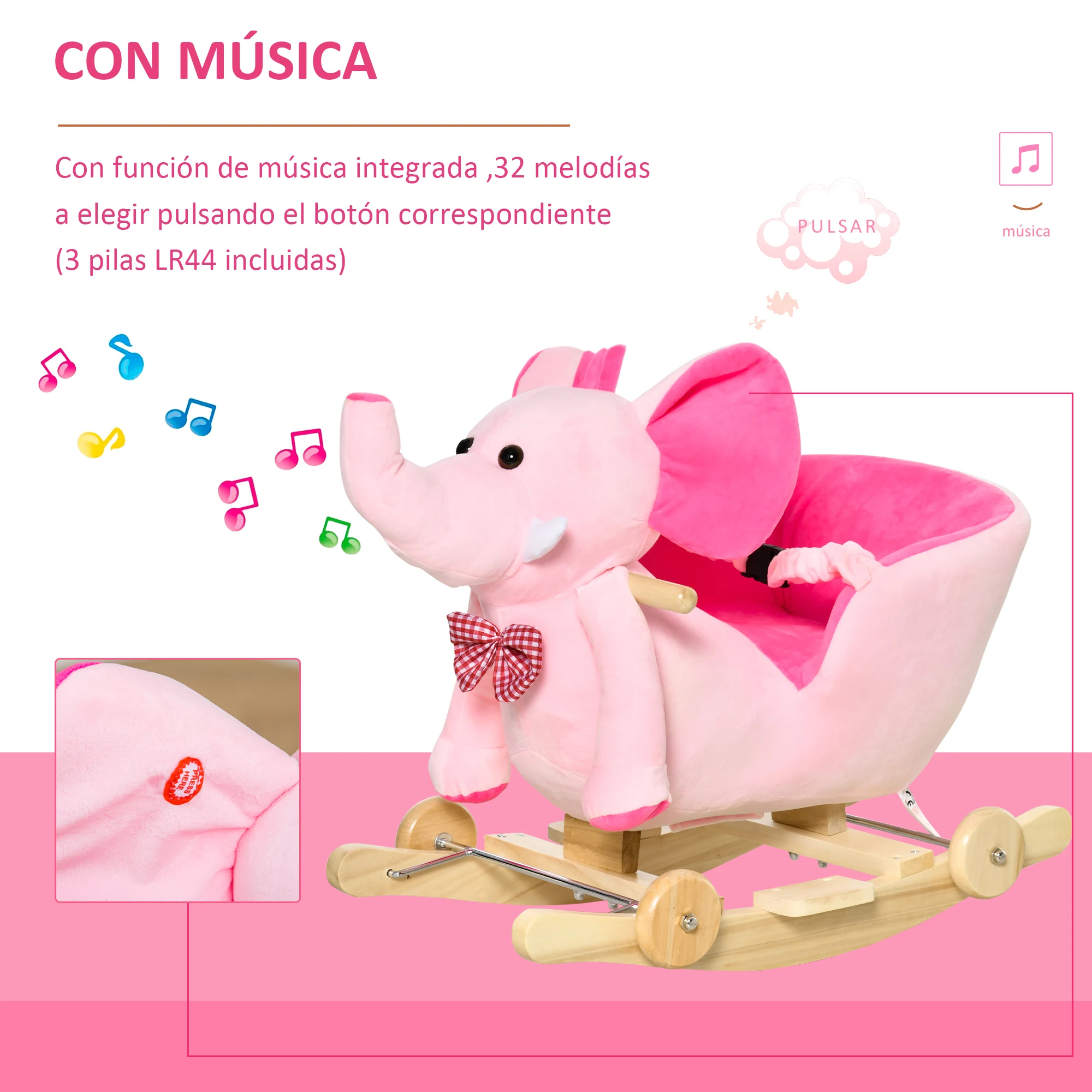 HOMCOM Caballito Balancín con Ruedas Forma de Elefante Caballo Balancín para Bebés de +18 Meses con Músicas Infantiles y Cinturón de Seguridad Carga 60 kg 60x35x45 cm Rosa - imagen 4
