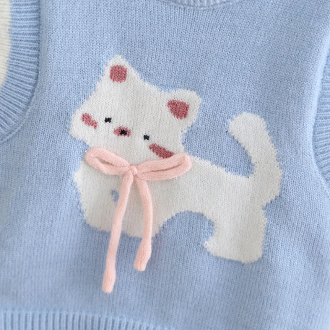 Chaleco de punto fino para niñas con bordado de gato - imagen 2