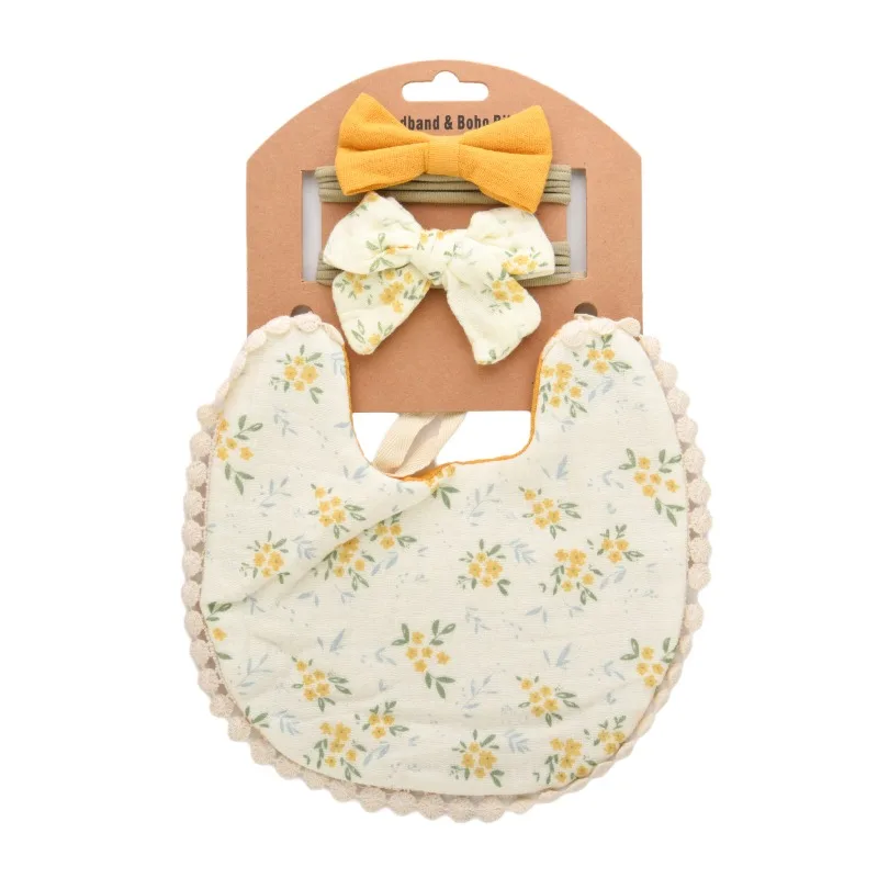 Conjunto de bebé de algodón de primera calidad: diadema con lazo de babero de gasa multicapa estampada, transpirable y agradable para la piel, accesorio bonito y esencial para bebé. - imagen 5