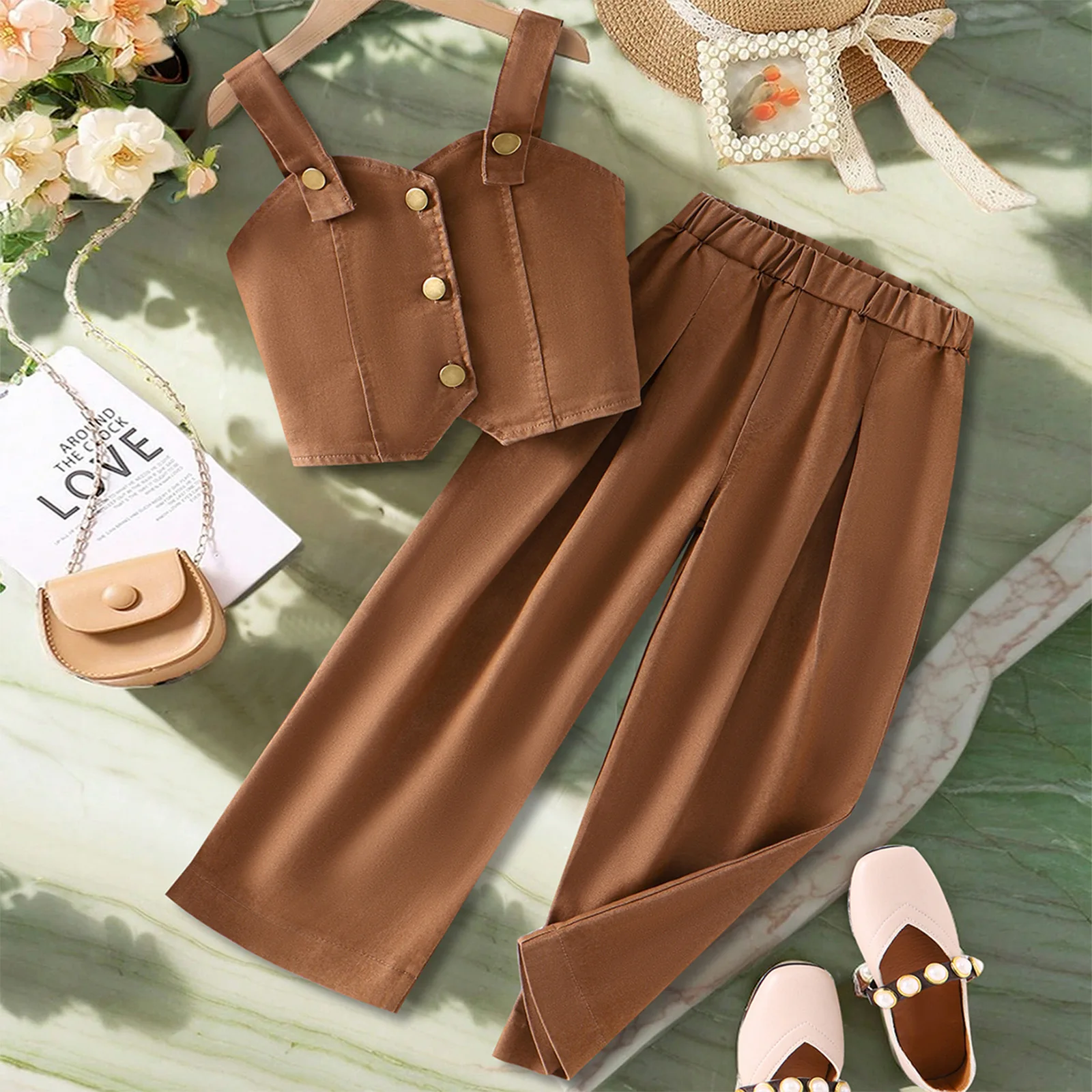 Conjunto de 2 piezas de ropa de verano para niñas, Tops sin mangas lisos de un solo pecho + Pantalones sueltos de mezclilla, ropa de Boutique para niños BC259 - imagen 5