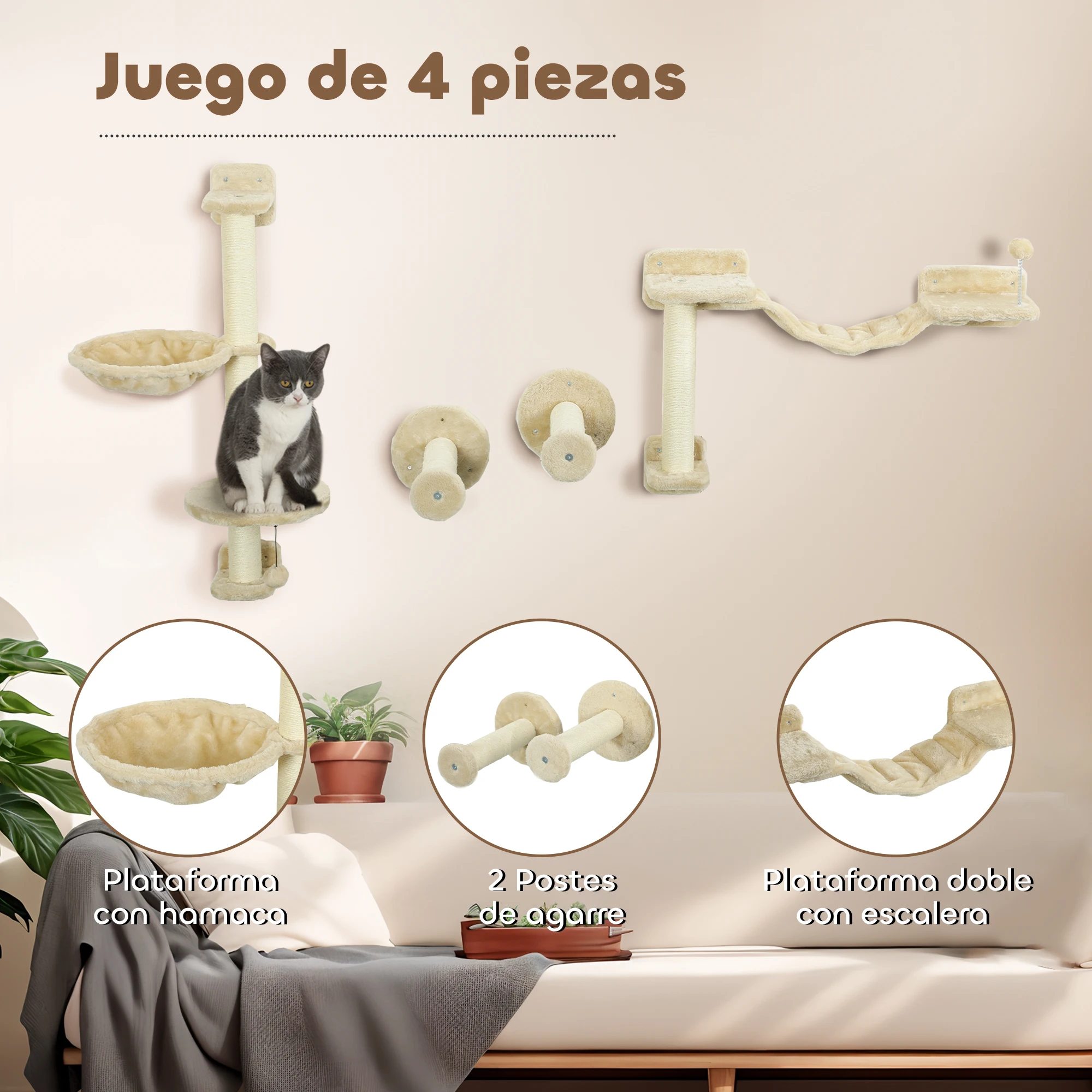 PawHut Juego de Estanterías para Gatos de 4 Piezas Rascador de Pared para Gatos con Hamaca Postes Rascadores Escalera Blanda Bola Plataformas para Saltar Beige - imagen 5