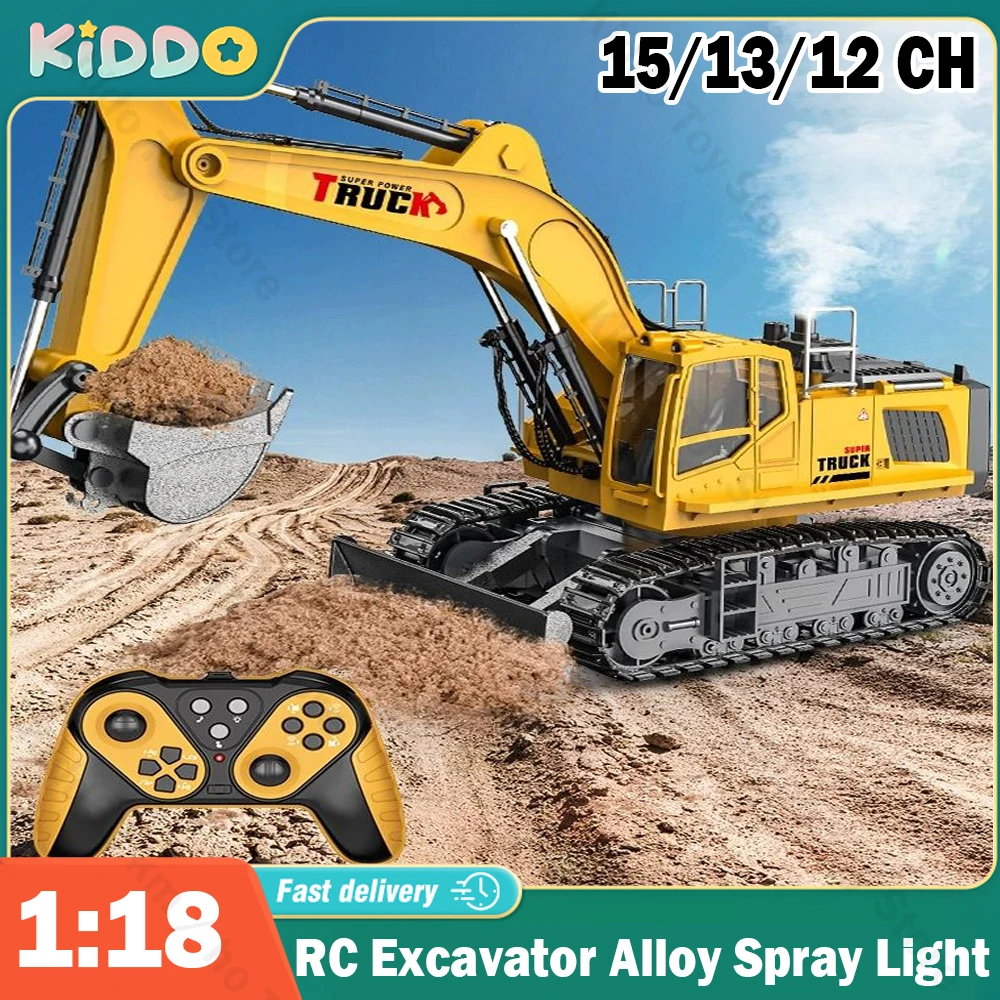 1/18 RC excavadora aleación juguete eléctrico Spray con luz 15/13/12 canales niños simulación Control remoto coche RC camión juguetes para niños