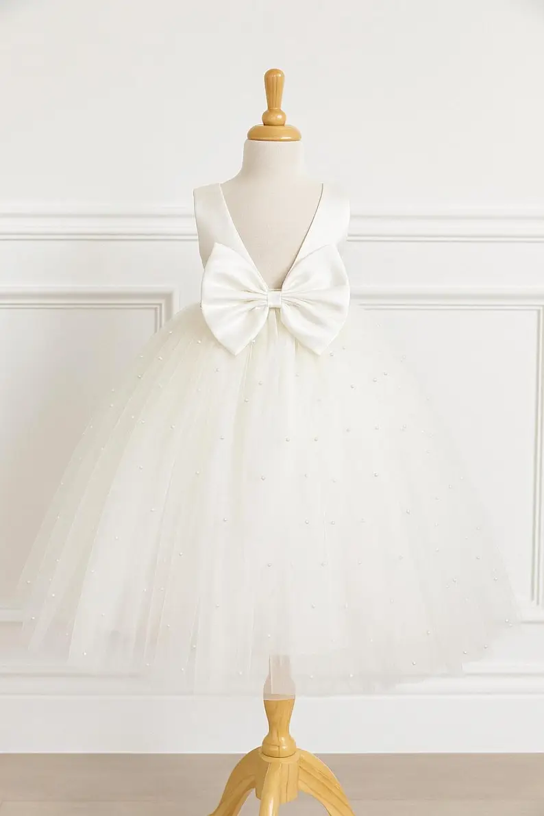 Vestido de tul con perlas y espalda en V hasta el tobillo para boda, niña de las flores, desfile de verano a la moda, sesión de fotos de princesa para niños pequeños, vestido de invierno para niña - imagen 2