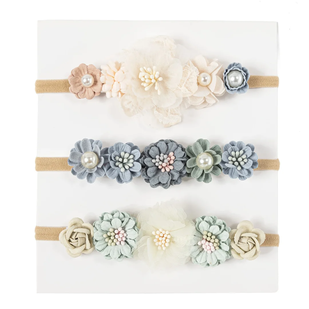 3 unids/set de diadema de flores artificiales para bebé, diadema de nailon elástico con perlas para recién nacido, diademas bonitas, accesorios para el cabello para niños
