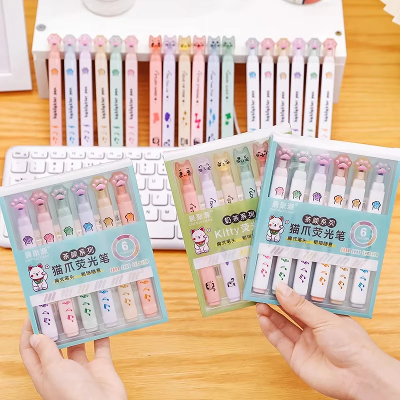 Rotulador fluorescente garra de gato Kawaii, estilo INS escolar