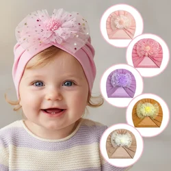 Gorro turbante de bebé neonatal con flores 3D de malla brillante