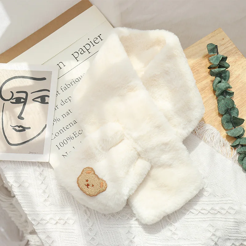 Bufanda bonita de oso para bebé, bufandas cálidas de invierno para niños y niñas, Protector de cuello de piel de conejo de imitación, bufanda cruzada de felpa suave, accesorios para niños - imagen 4
