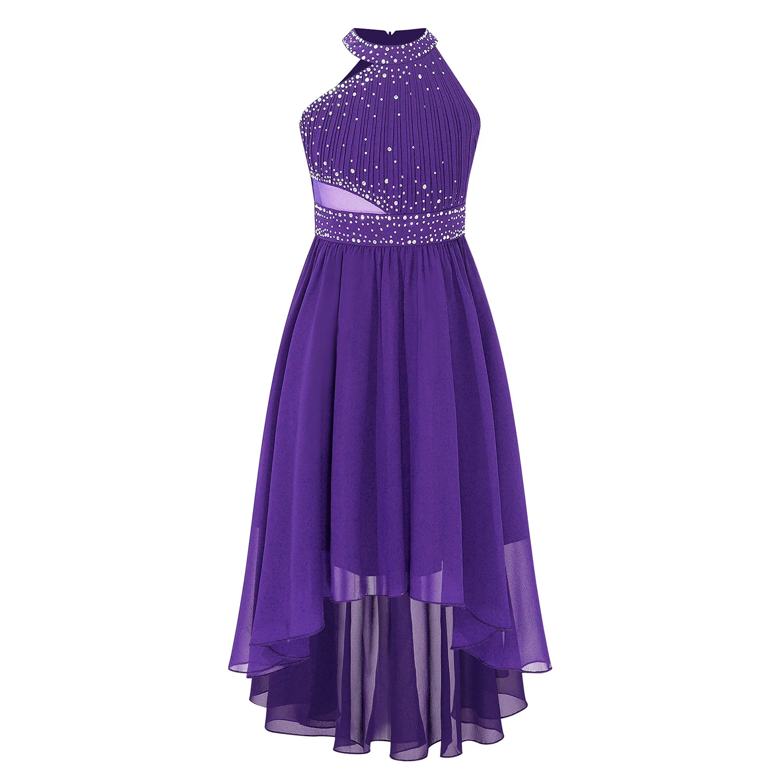 Vestido de dama de honor sin mangas con pedrería y gasa asimétrica - imagen 2