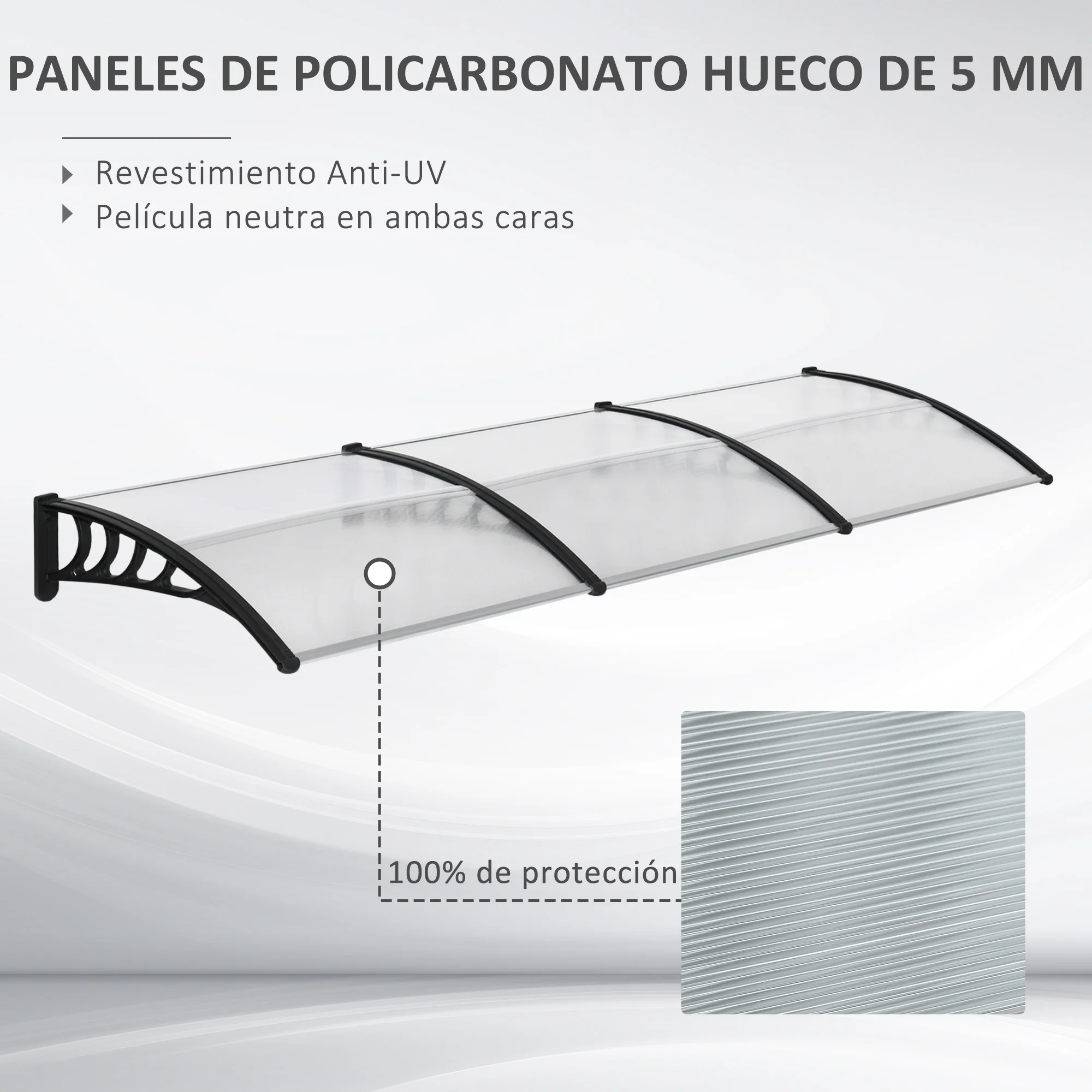Outsunny Tejadillo de Protección 300x96 cm Marquesina Exterior para Puertas y Ventanas contra Sol y Lluvia con Soporte de Aleación de Aluminio PP Policarbonato Transparente - imagen 4