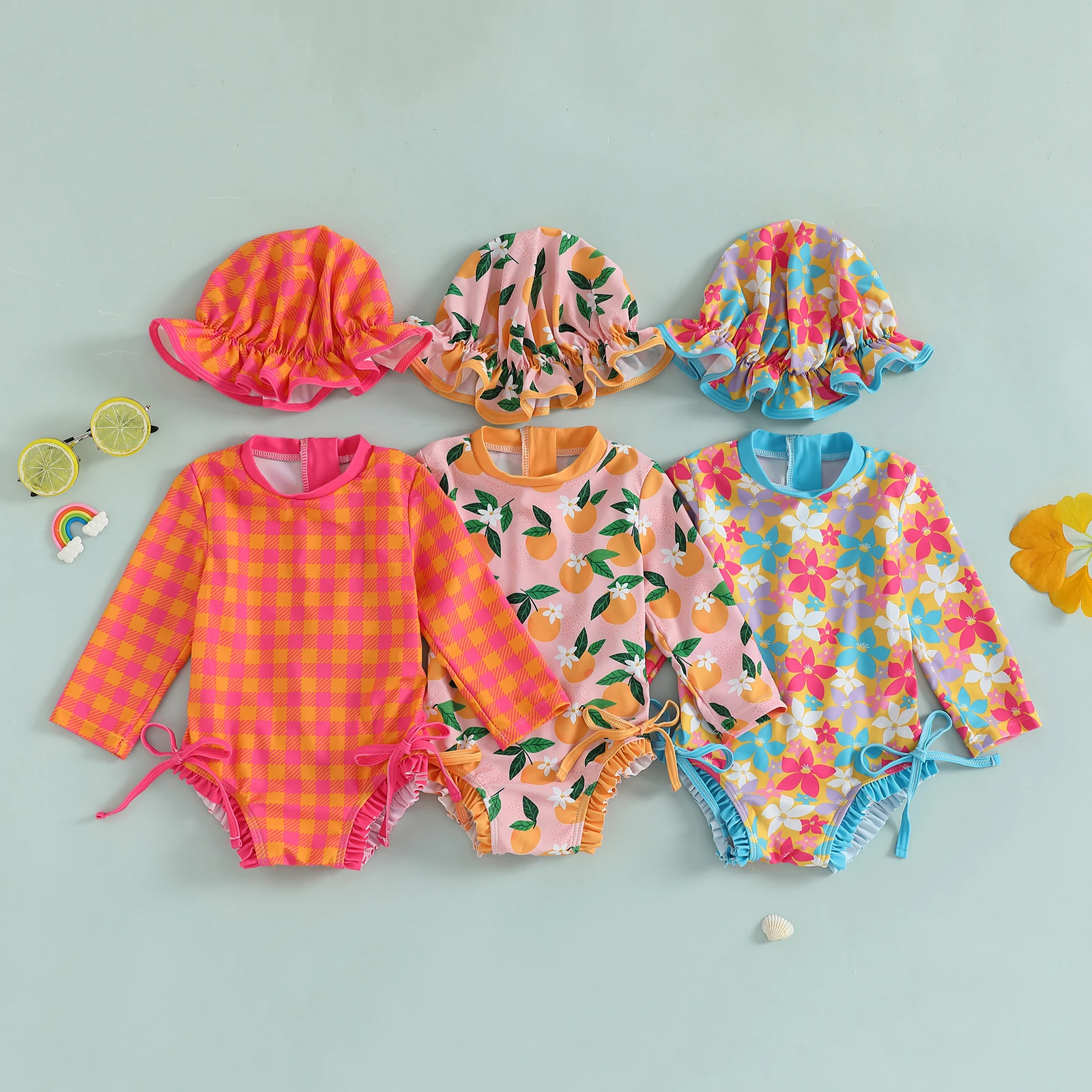 Trajes de baño para niñas de 0 a 24 meses, traje de baño con estampado de cuadros/flor/fruta, volantes, protector contra sarpullidos y gorro de baño para niños pequeños - imagen 2