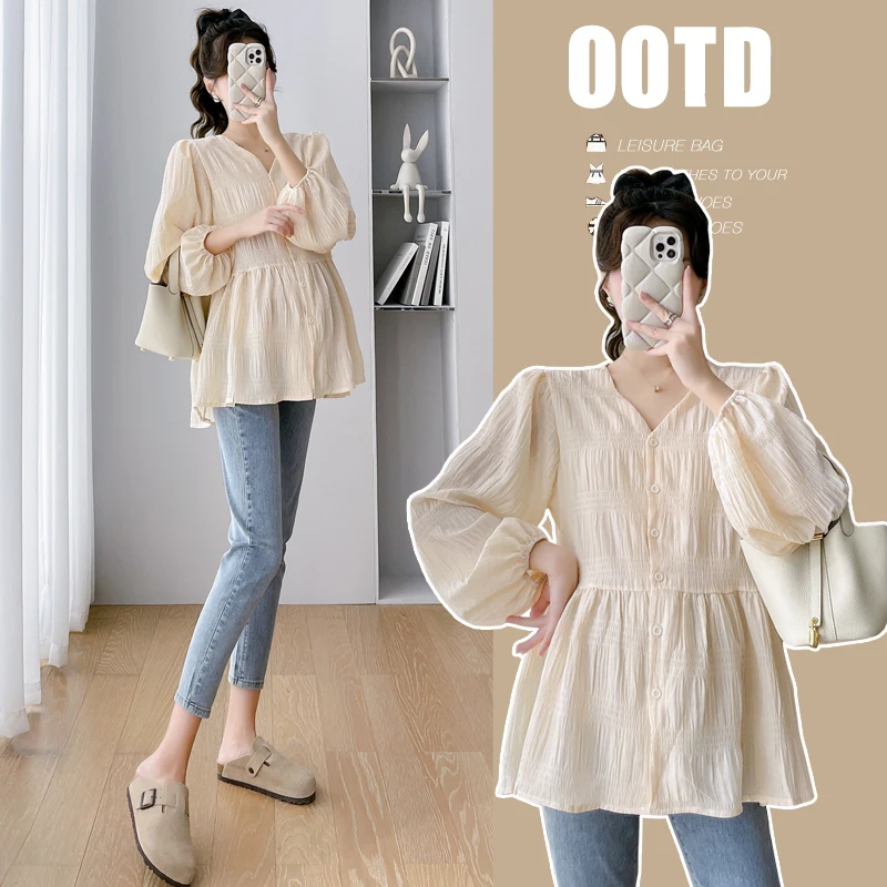 Blusa premamá de algodón con cuello V – Túnica holgada para embarazo - imagen 2
