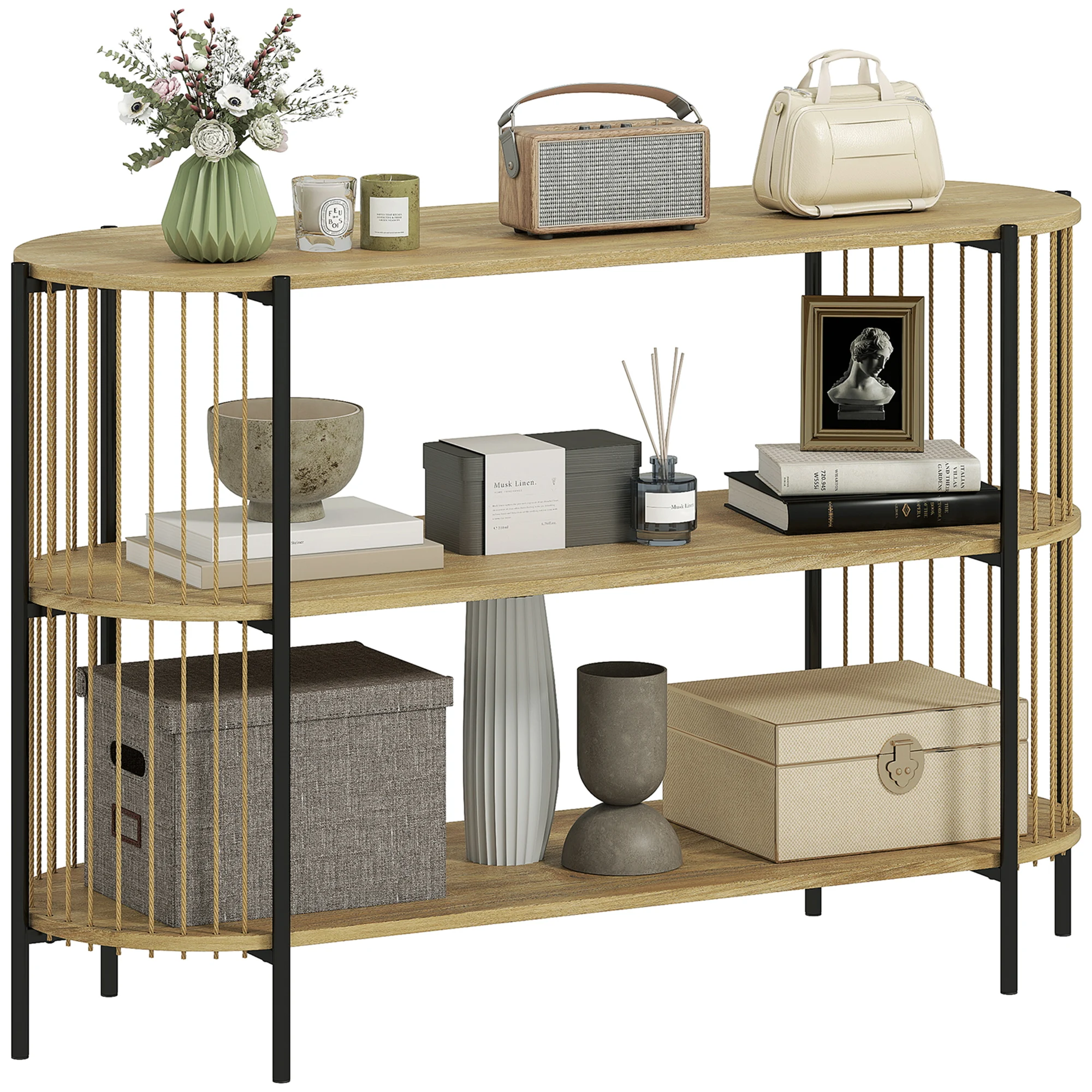 HOMCOM Mesa de Consola con Cuerda de Papel Trenzada a Mano Consola Recibidor de 3 Niveles con Marco de Acero Estilo Bohemio para Entrada Sala de Estar 124x43,5x80 cm Natural - imagen 2