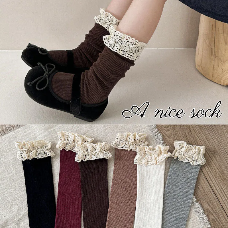 Nuevos calcetines hasta la rodilla de primavera para niños 3-10T calcetines de tubo para niñas con adornos de encaje dulce estilo Preppy calcetines para niños en 6 colores