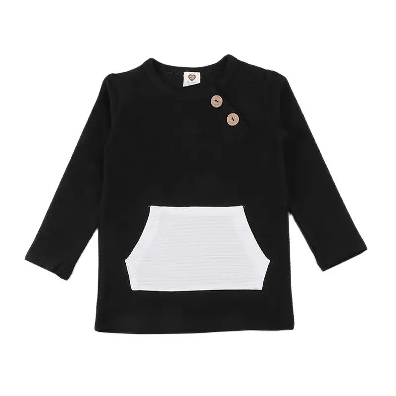 Top kds-Camiseta de manga larga para niño y niña, traje elegante acanalado con bolsillos en contraste, ropa de otoño e invierno