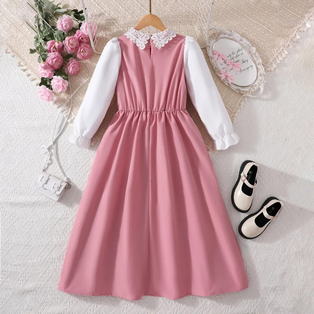 Vestido rosa para niñas, vestidos escolares de manga larga con cuello de encaje, vestidos de moda para fiesta de cumpleaños, vestido para niñas adolescentes 7 8 9 10 11 12 años - imagen 4