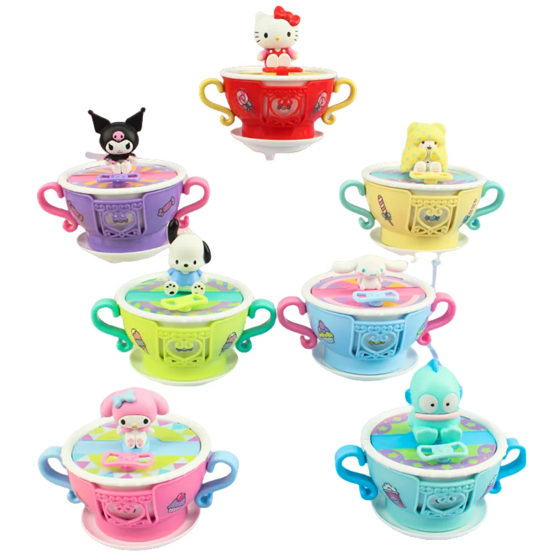 Sanrio Hangyodon Kuromi Hellokitty figura de Anime muñeca familia giratoria Clink Cup serie decoración caja ciega juguetes regalo para niños - imagen 3