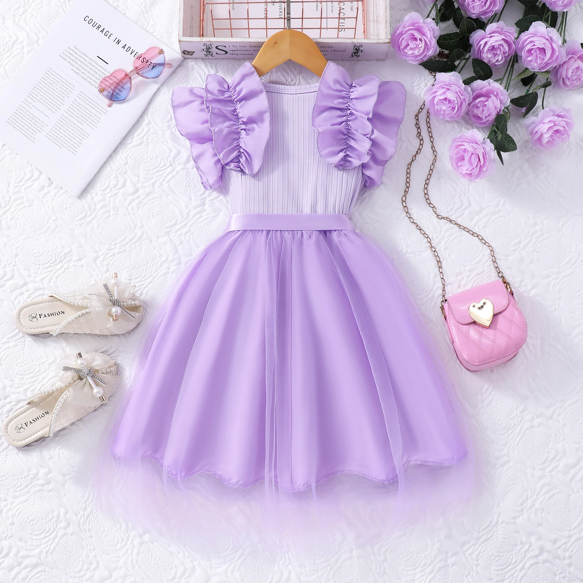 Vestido de malla para niña, vestido de verano de manga corta con cinturón y lazo, vestido de princesa bonito y dulce a la moda para fiesta de cumpleaños, vestido para niños de 3 4 5 6 7 años - imagen 5