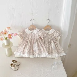 Vestido de princesa de retazos florales de algodón para niña recién nacida, ropa de verano con volantes de encaje y mangas abullonadas para niño