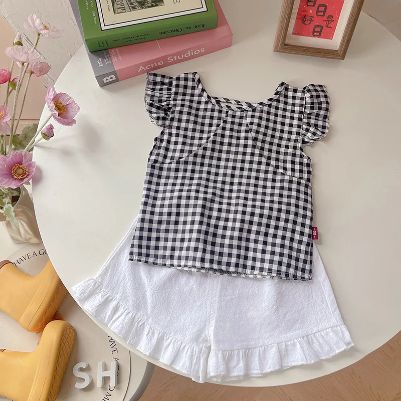 Nueva ropa de verano para niñas, traje para niños, chaleco a cuadros, pantalones cortos, 2 unids/set, ropa para niños, disfraz informal infantil, chándales para niños pequeños - imagen 4