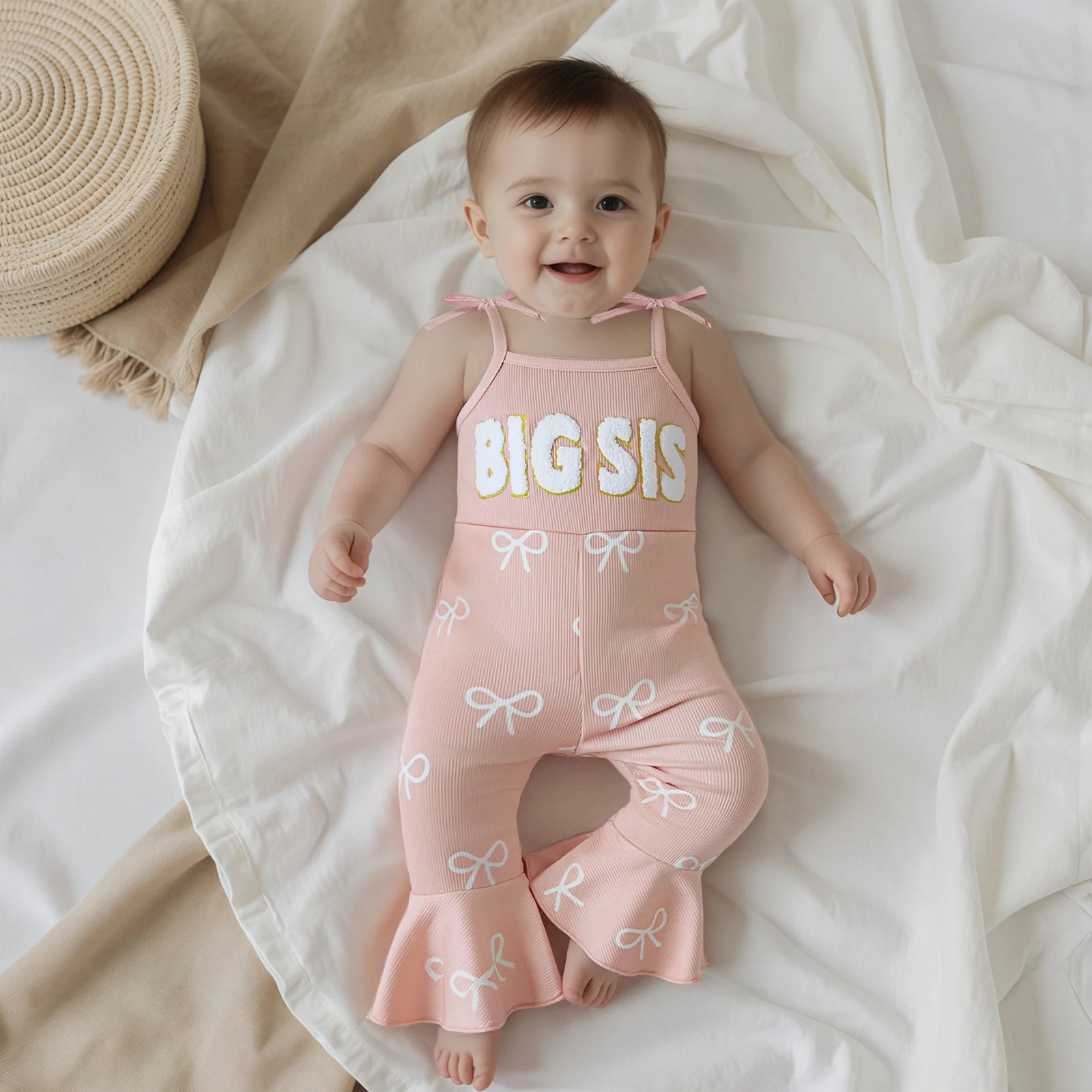 ViSgogo Mono rosa para niña pequeña, corte holgado, BIG SIS, patrón de texto y lazo, mono suave de poliéster y LICRA para niño pequeño - imagen 3