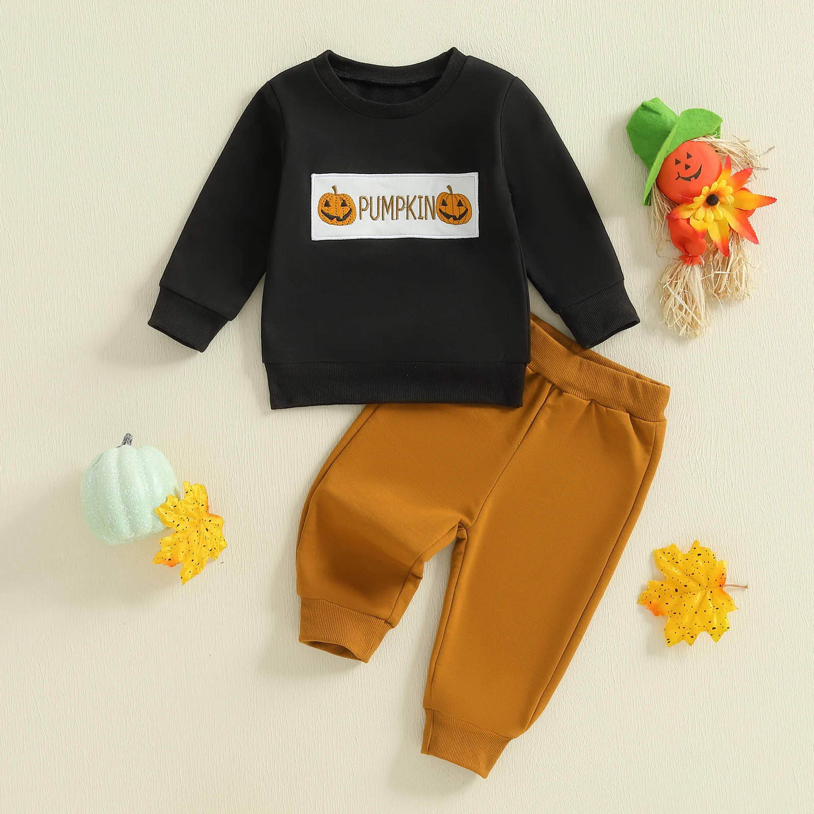 VISgogo Ropa de Halloween para niño pequeño, jersey de manga larga con bordado de calabaza/fantasma, pantalones largos con cintura elástica, traje de otoño de 2 piezas