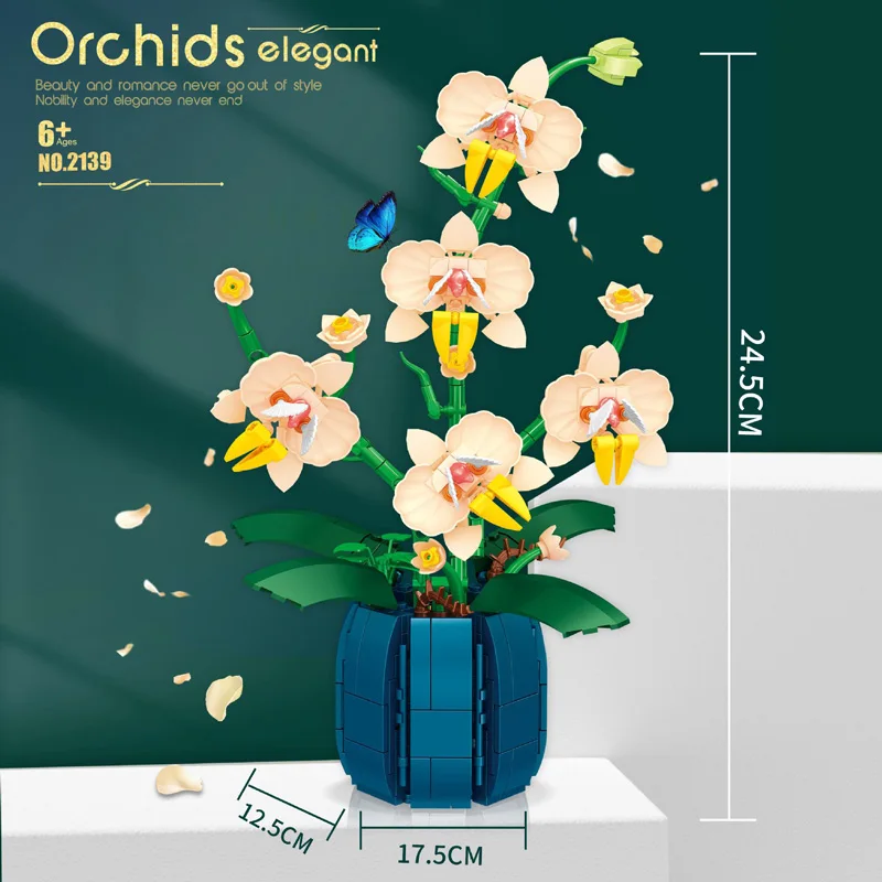 Bloques de construcción de flores de orquídeas, modelo de planta bonsái, bloques de flores de ramo, decoración romántica creativa del hogar, juguetes para niños, regalos - imagen 4
