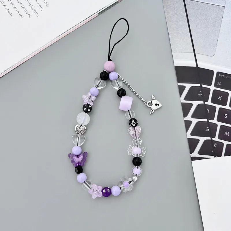 Pulsera mariposa niña con cuentas de flores y cadena para móvil - imagen 2