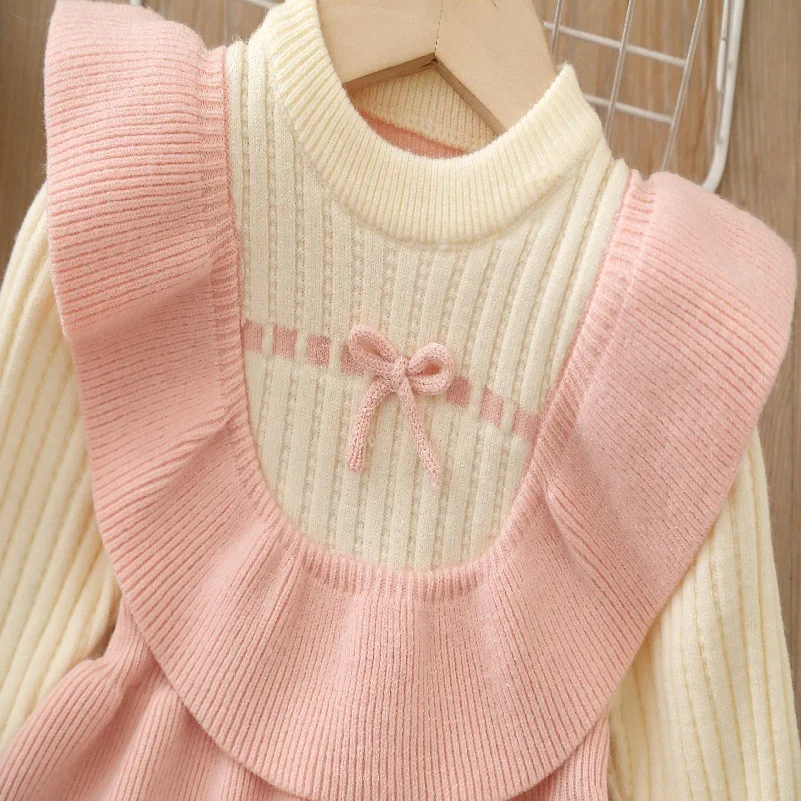 Vestidos para niños de 2 a 7 años, decoración con lazo, vestidos de punto para niñas, vestidos de suéter de línea A, suéter con cuello redondo para niños - imagen 4