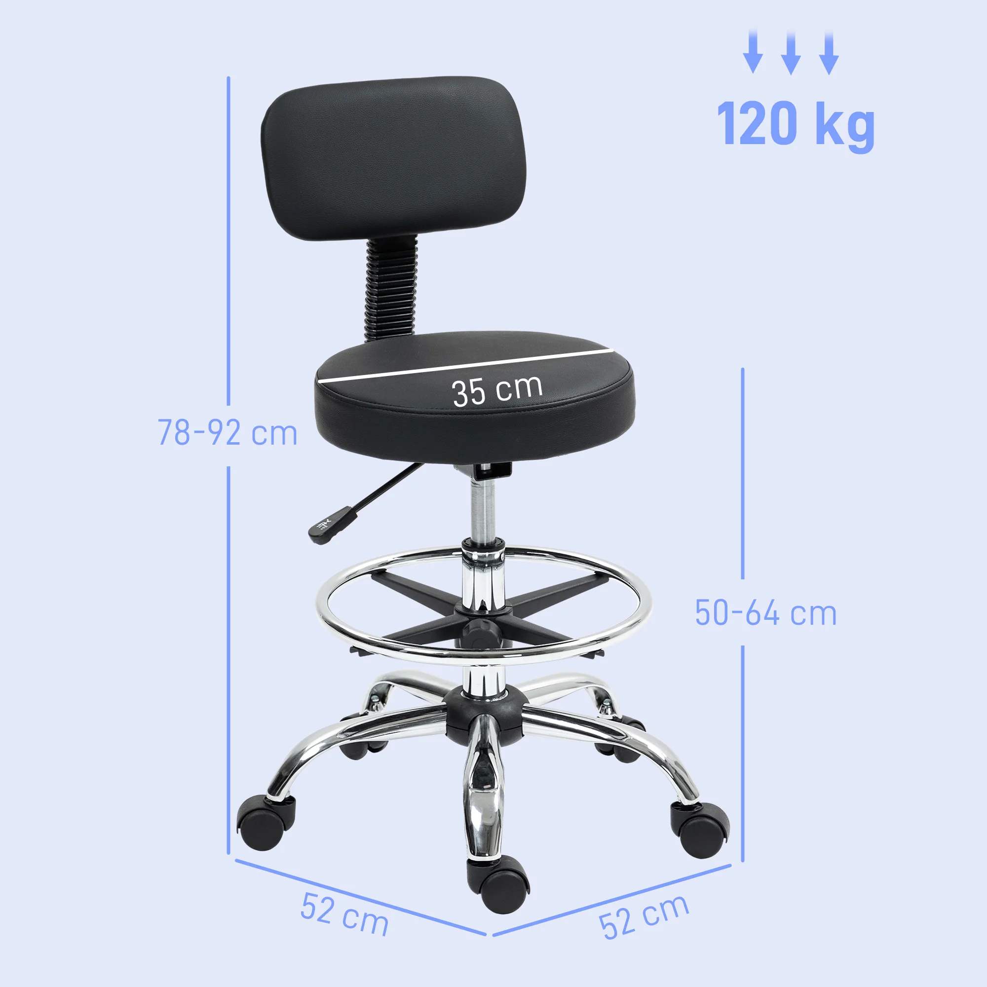 HOMCOM Taburete Giratorio, Taburete con Ruedas y Respaldo, Reposapiés, Altura Ajustable, Tapizado en Cuero Sintético, para Oficina, Dormitorio, Negro - imagen 3