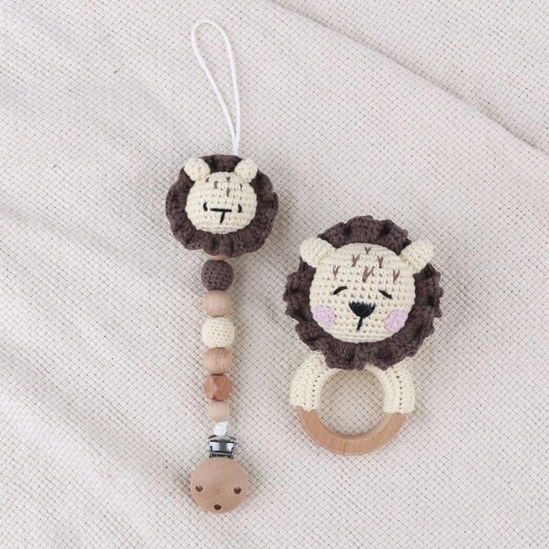 Sonajero de Animal de dibujos animados de ganchillo para bebé, anillo de madera kawaii, sonajero para recién nacido, juguetes hechos a mano, Clips para chupete, juguetes educativos para niños