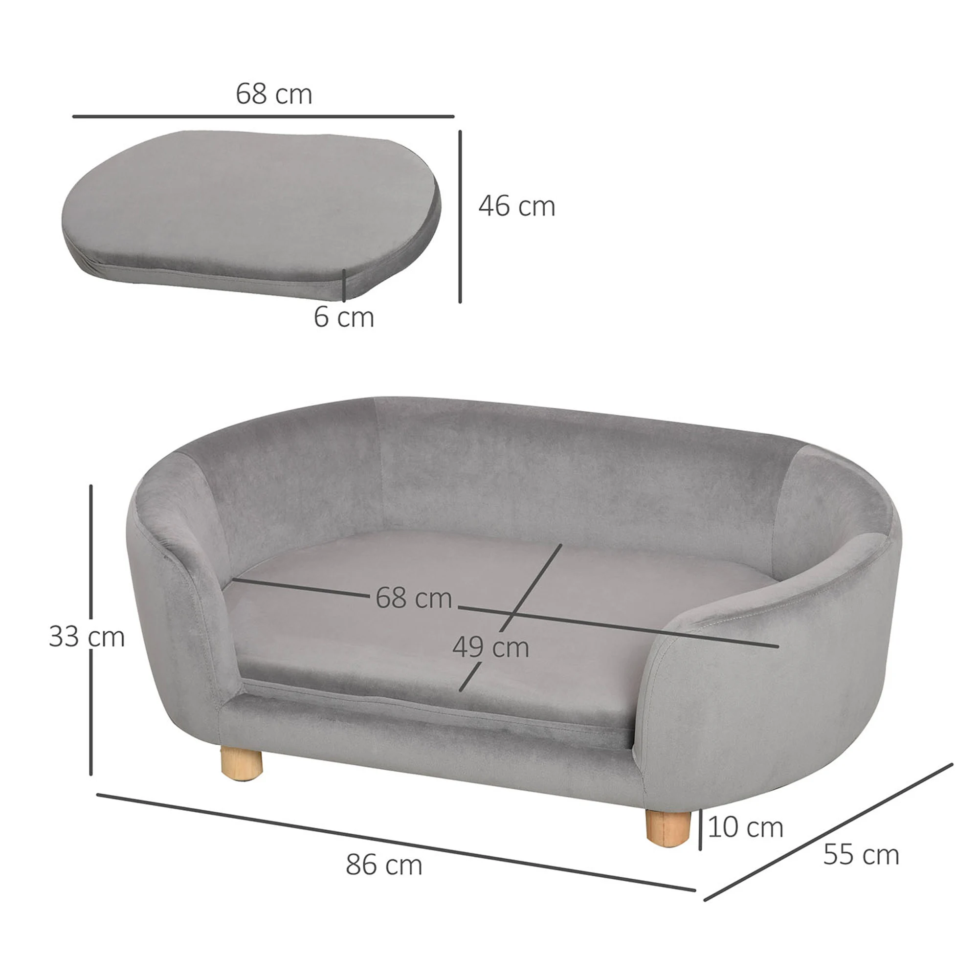 PawHut Sofá para Perros Pequeños, Cama para Perros Elevada con Patas de Madera, Cojín Desmontable y Funda Lavable, Carga 10 kg, 86x55x33 cm - imagen 3