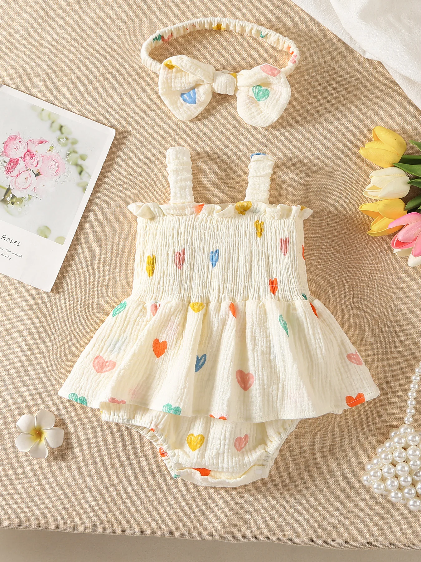 Ropa para niñas de 0 a 2 años, mono con estampado de corazón, camisola bonita, traje infantil de una pieza con volantes y diadema - imagen 2