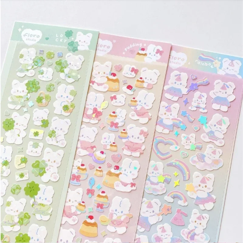 1 unidad de pegatina bonita coreana Kawaii Bling Bunny Rainbow pegatina de pudín de cuatro hojas impermeable pegatina plateada caliente para foto DIY de estudiante - imagen 2