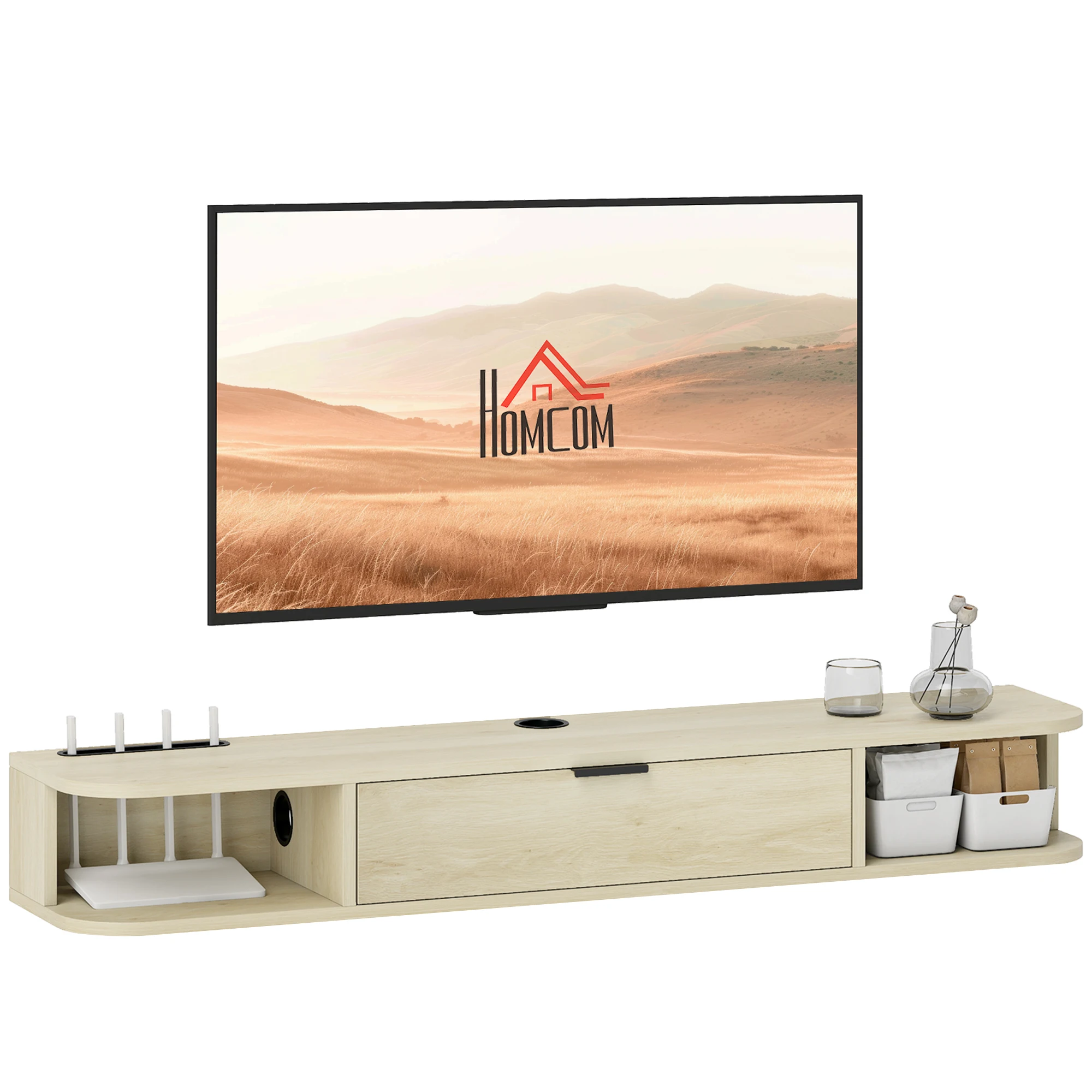 HOMCOM Mueble de TV Suspendido, Mueble de TV para Salón con Cajón Abatible, 2 Estantes Abiertos, Gestión de Cables, Estilo Moderno, para Televisión 50 Pulgadas, 120x24x16 cm, Madera Natural