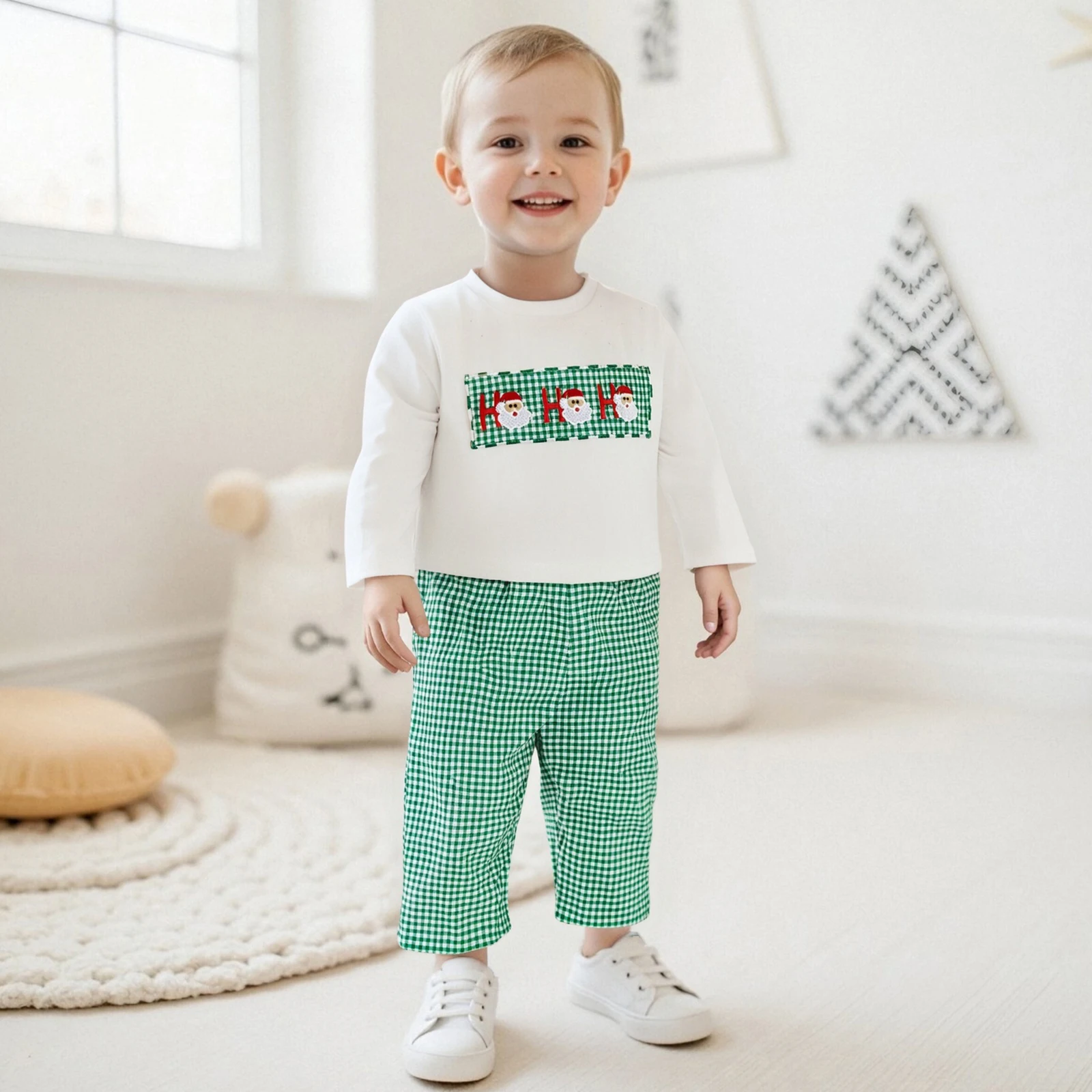 VISgogo Conjunto de traje navideño para bebé, camisa de manga larga con bordado de Papá Noel y pantalones elásticos a cuadros para ropa de 2 piezas - imagen 3