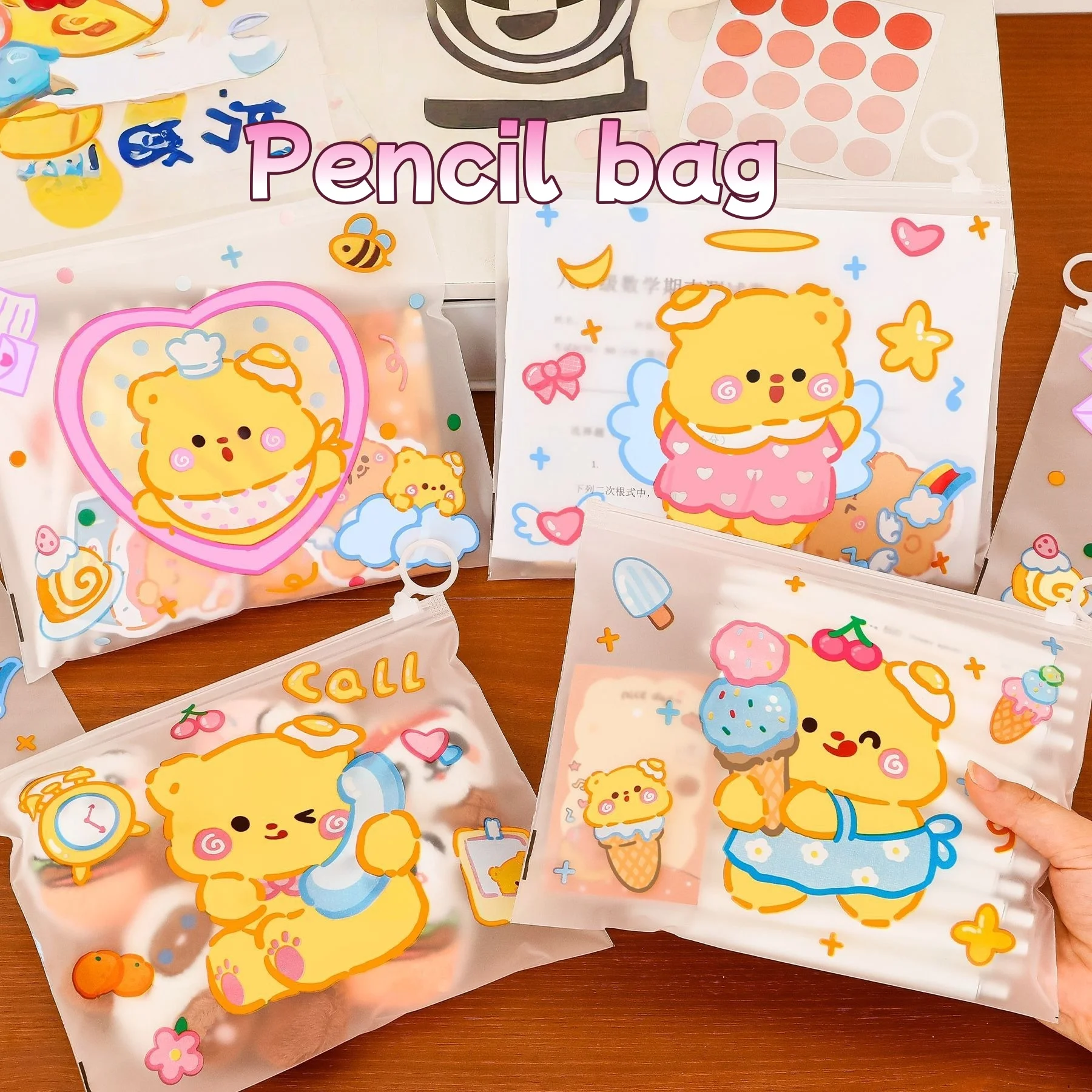 Bolsa de archivo con cremallera y anillo de oso de dibujos animados, organizador de papelería transparente para estudiantes, organizador de bolsa de lápices multifuncional - imagen 2