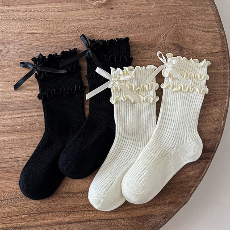 Calcetines con lazos de encaje y volantes para niñas, calcetines coreanos de princesa para niños, calcetines tobilleros de algodón con lazo blanco y negro para niños pequeños - imagen 2