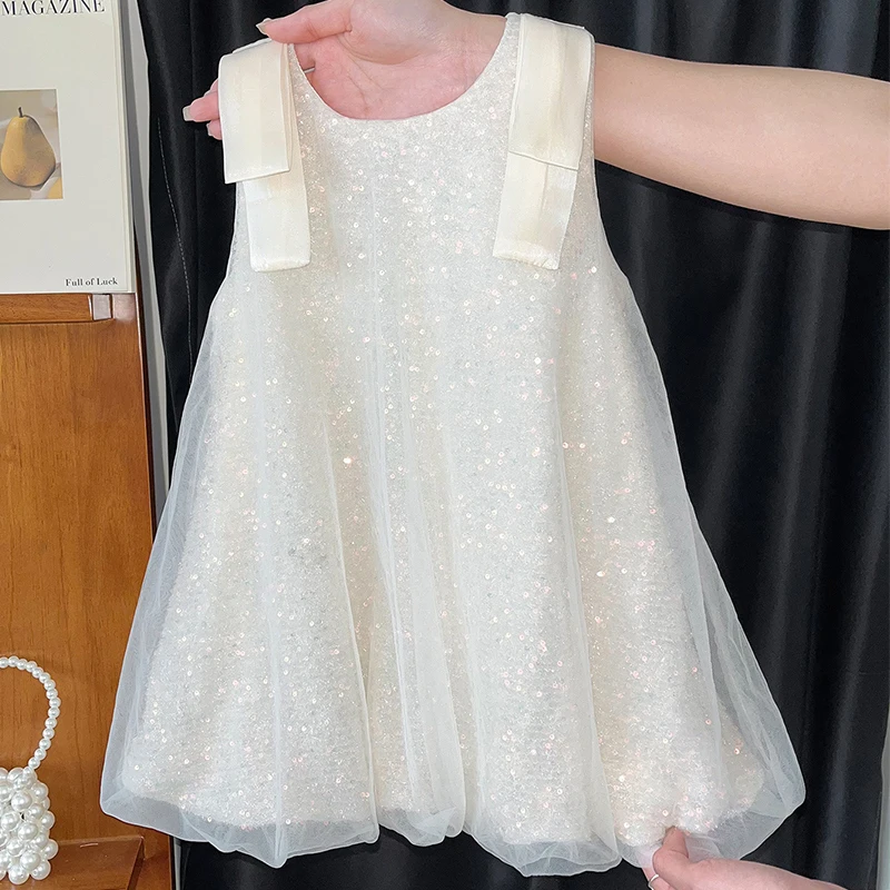 Vestidos de lujo para bebés de verano, ropa para niños, moda coreana para niñas, vestido de cumpleaños sin mangas con lazo de malla, ropa de Boutique para niños B1200 - imagen 3