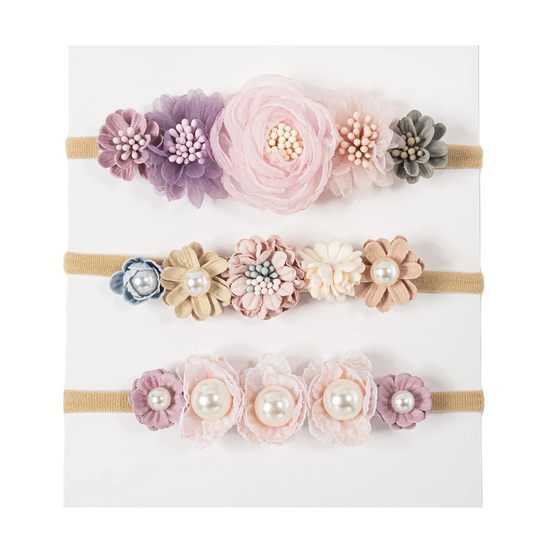 3 unids/set de diadema de flores artificiales para bebé, diadema de nailon elástico con perlas para recién nacido, diademas bonitas, accesorios para el cabello para niños - imagen 2