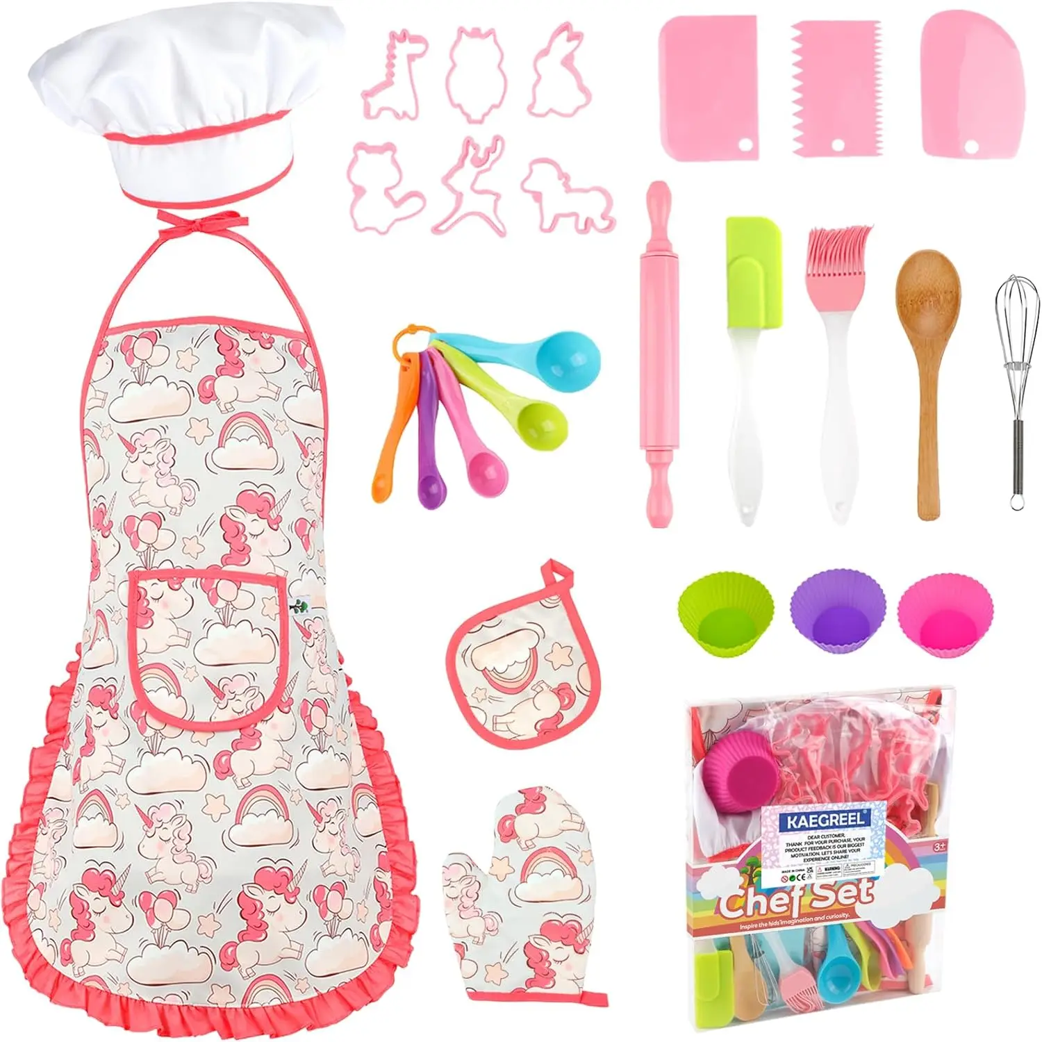 Juego de Chef para hornear para niños con delantal de unicornio y manopla, juego de cocina para niños con gorro de Chef, cucharas, batidor, vestir, regalos de juego de rol para niñas y niños
