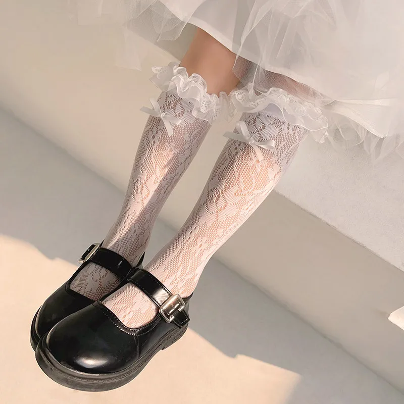 1 par de calcetines de pantorrilla con lazo de encaje japonés para niños y niñas, calcetines finos transpirables con huecos para niños, calcetines de nailon con volantes florales de talla única - imagen 5