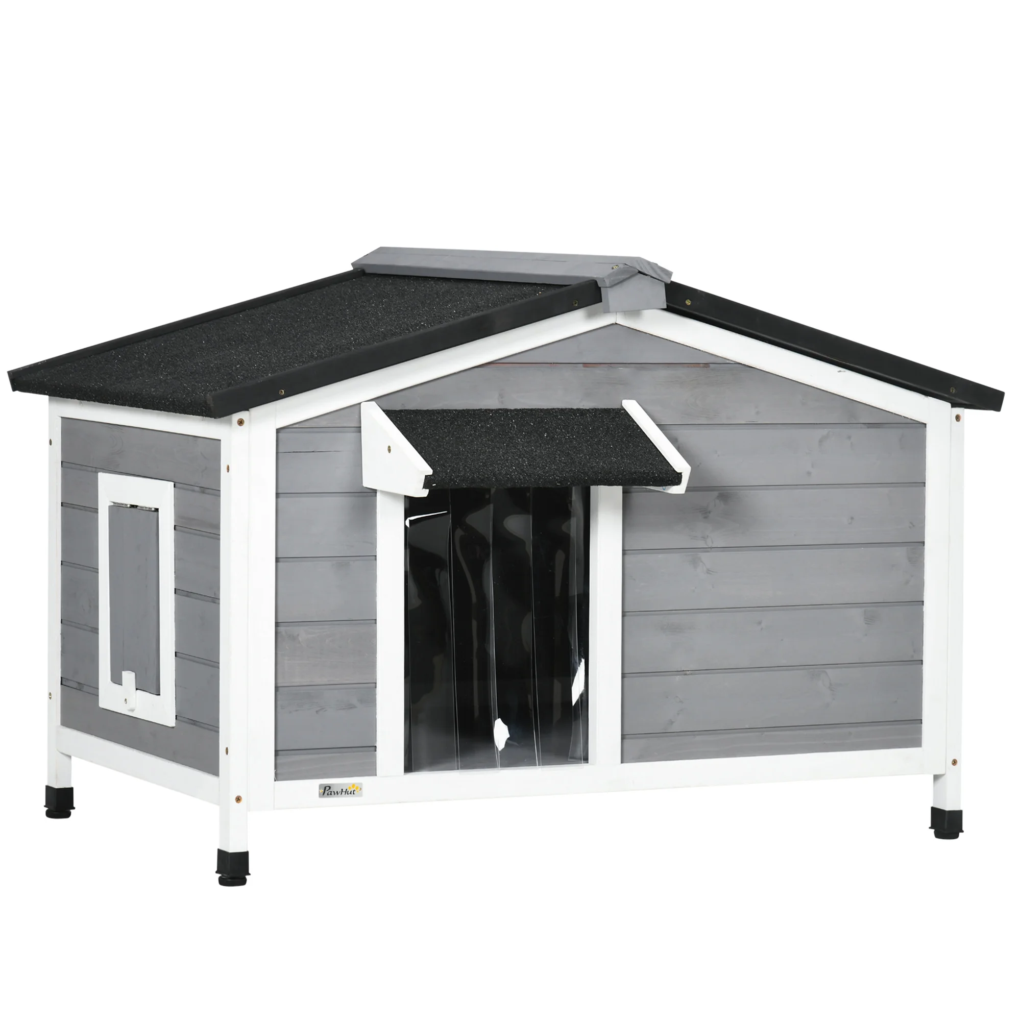 PawHut Caseta para Perros de Madera 97x72x65 cm Casita para Mascotas con Techo Asfáltico Abatible 2 Ventanas Puerta con Cortina y Base Extraíble - imagen 2
