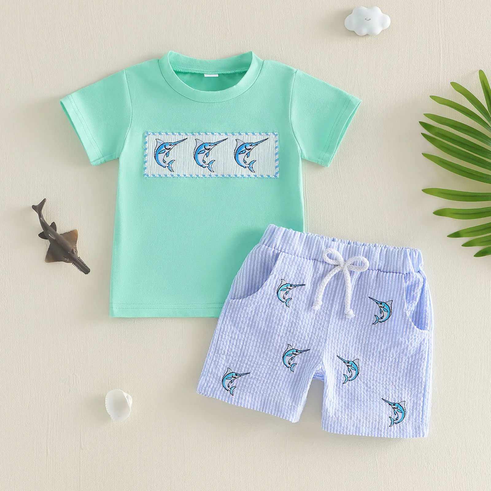 Conjunto bebé Tregren camiseta bordada de pez y pantalón corto - imagen 3