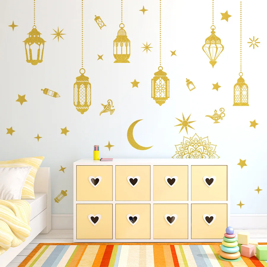 Pegatinas de ventana de linterna de Luna y estrella dorada, pegatinas de pared para decoración de Ramadán, dormitorio, sala de estar, pegatinas de decoración de pared del hogar - imagen 5