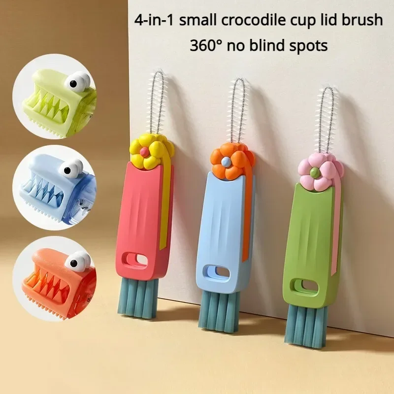 Juego de cepillos de limpieza de tapa de taza de pétalo lindo, Mini cepillo de limpieza de botella de taza PP, Mini limpiador de flores coloridas para viajes y hogar, 3 en 1